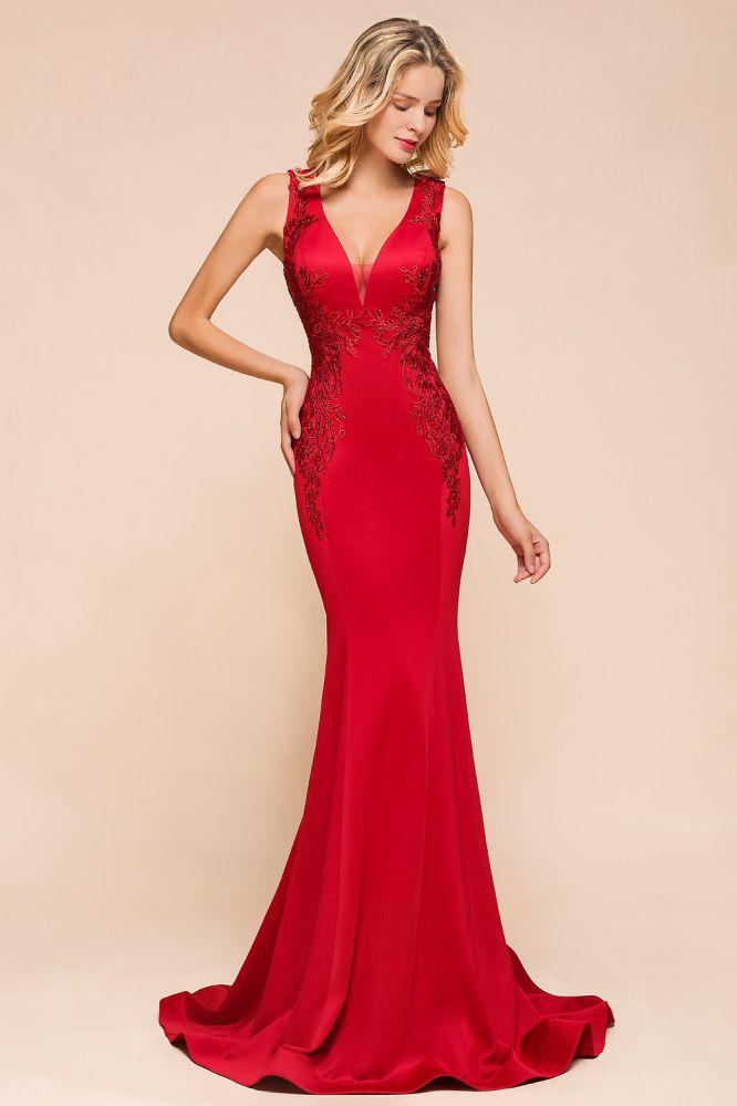 Robe de soirée sirène sexy sans manches à col en V et traîne à fleurs