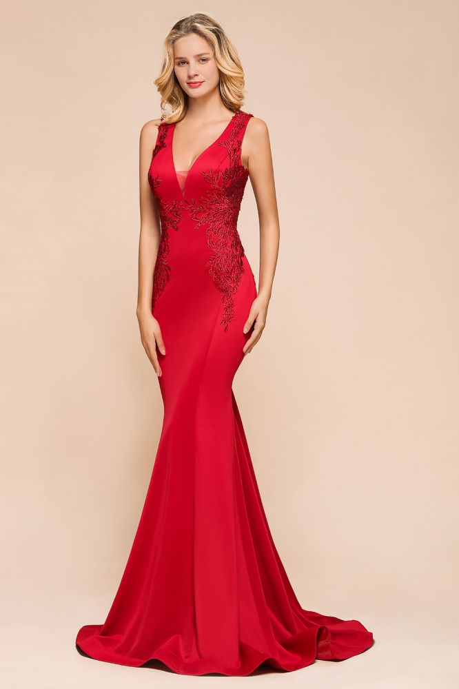 Robe de soirée sirène sexy sans manches à col en V et traîne à fleurs