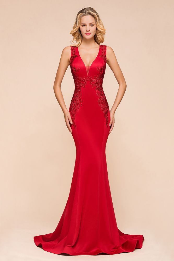 Robe de soirée sirène sexy sans manches à col en V et traîne à fleurs