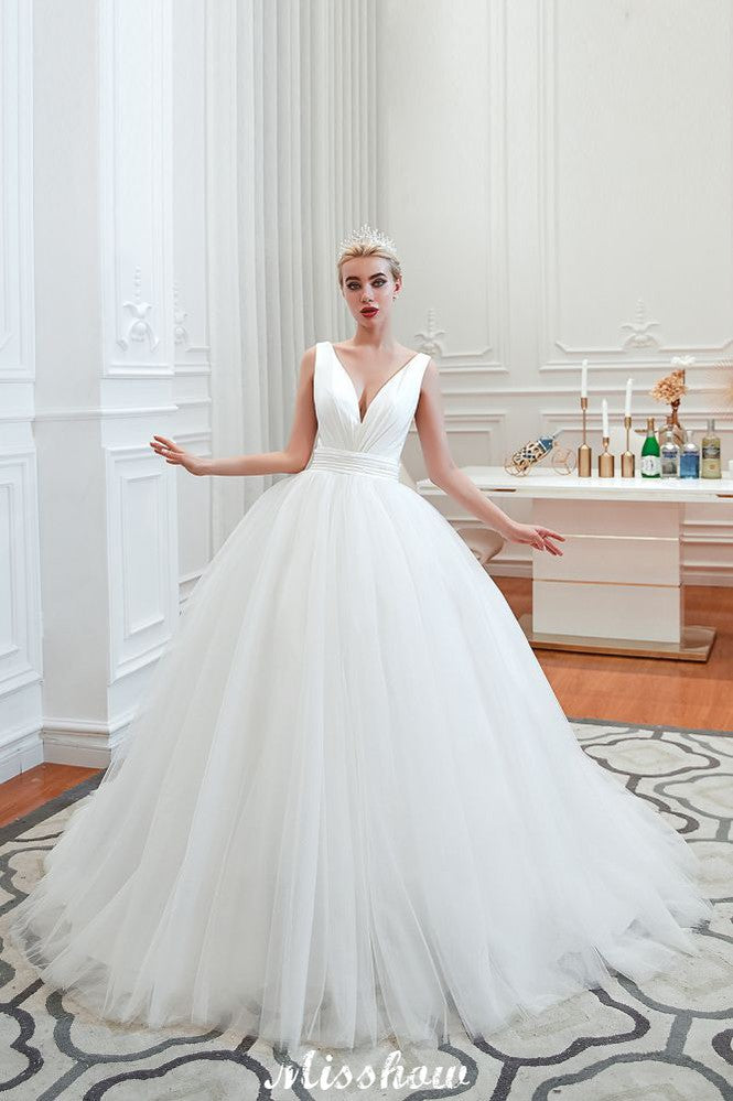 Sexy V-Neck Sleeveless Princess Spring Wedding Dress | White Low Back Bridal Gowns with Belt