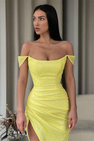 Vestido largo de fiesta amarillo sexy con hombros descubiertos y abertura