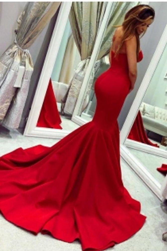 Sey Red Satin Mermaid Sleeveless Sweetheart Floor Length Backless Prom Dresses Evening Gowns With Zipper