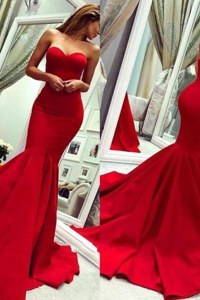 Sey Red Satin Mermaid Sleeveless Sweetheart Floor Length Backless Prom Dresses Evening Gowns With Zipper