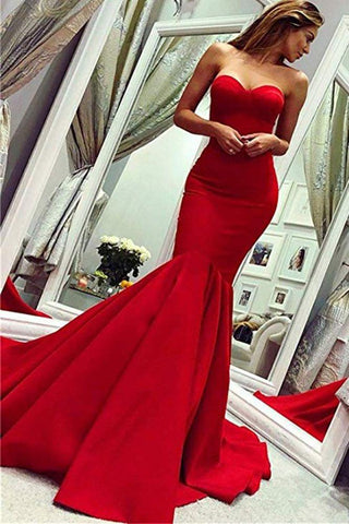 Vestidos de noche de sirena, sin mangas, escote corazón, espalda descubierta, largo hasta el suelo, de satén rojo, con cremallera.