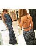 Robe de bal longue sirène gris foncé à dos nu et bretelles spaghetti, sequins 