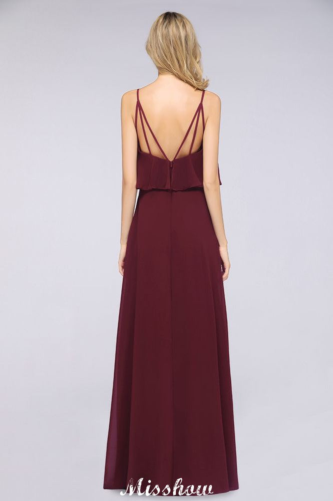 Robe de demoiselle d'honneur Shapghetti bordeaux dos nu en mousseline, robe d'invitée de mariage