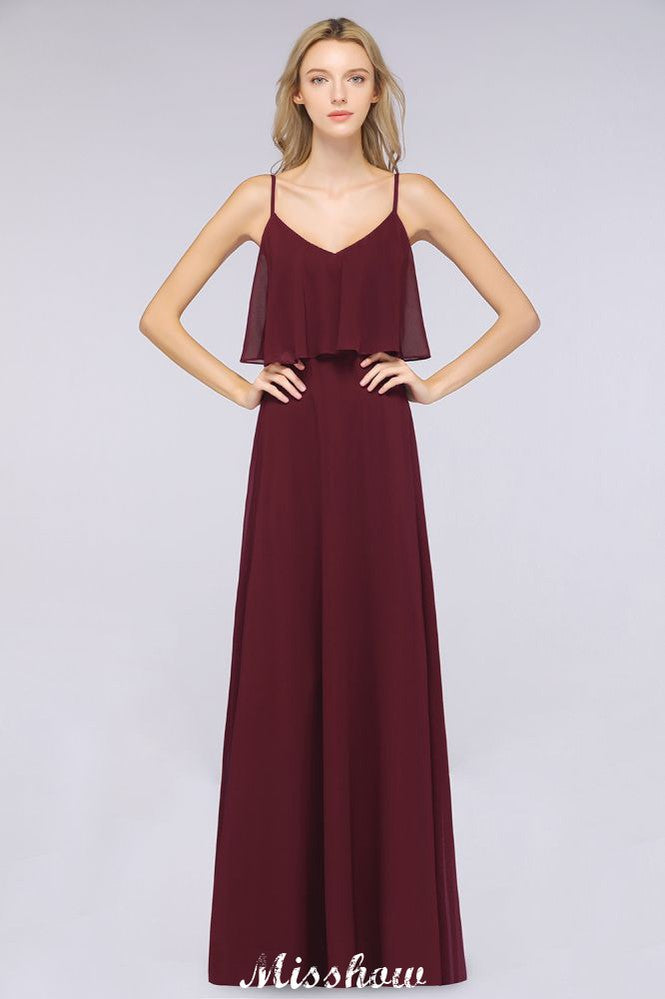 Vestido de dama de honor color burdeos Shapghetti, vestido de invitada de boda de gasa sin espalda