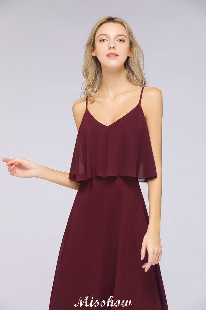 Robe de demoiselle d'honneur Shapghetti bordeaux dos nu en mousseline, robe d'invitée de mariage