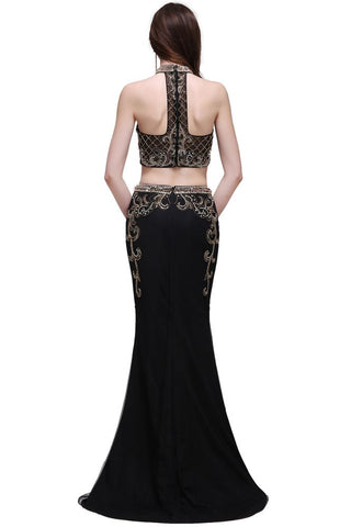 Robe de bal deux pièces noire fourreau à col halter ornée de cristaux