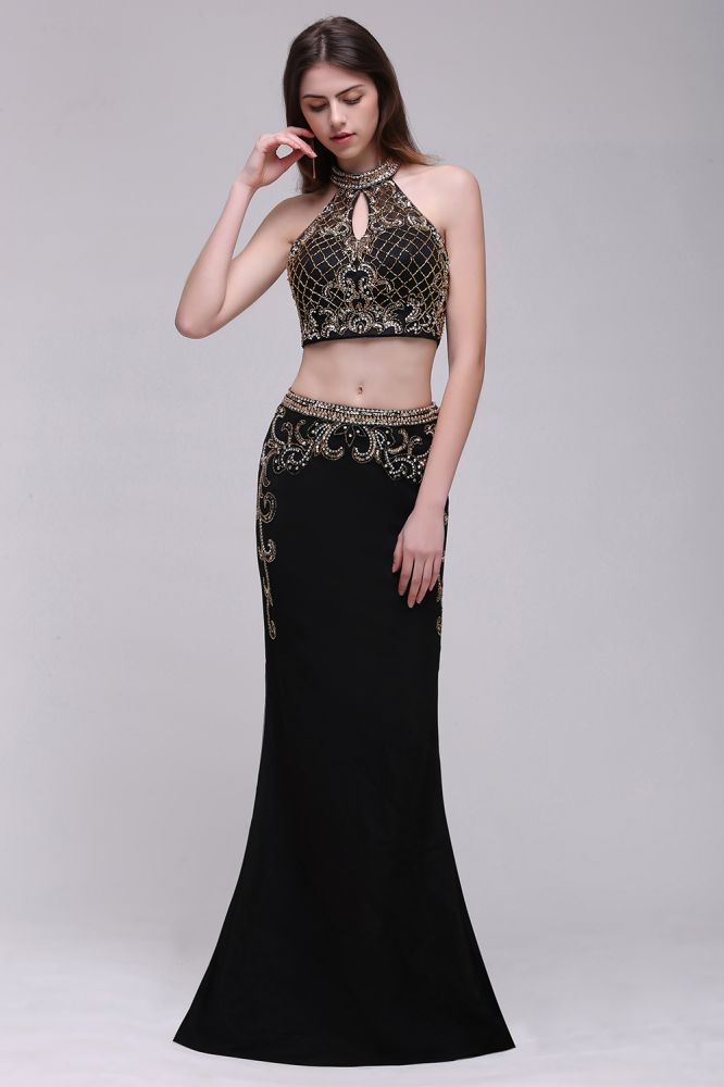 Robe de bal deux pièces noire fourreau à col halter ornée de cristaux