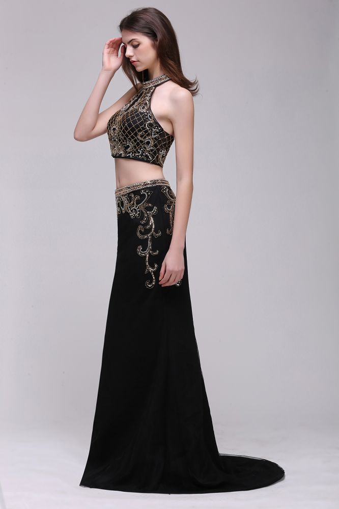 Robe de bal deux pièces noire fourreau à col halter ornée de cristaux