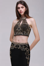 Robe de bal deux pièces noire fourreau à col halter ornée de cristaux
