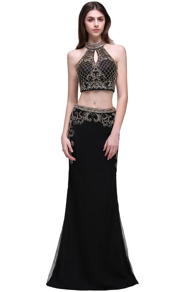 Robe de bal deux pièces noire fourreau à col halter ornée de cristaux