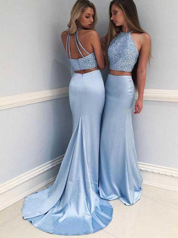 Vestido de fiesta de dos piezas de satén con escote halter, sin mangas y con cuentas