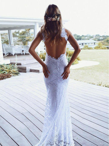 Vestido de novia de encaje con cuello alto, cola de barrido, espalda descubierta y abertura lateral WD397