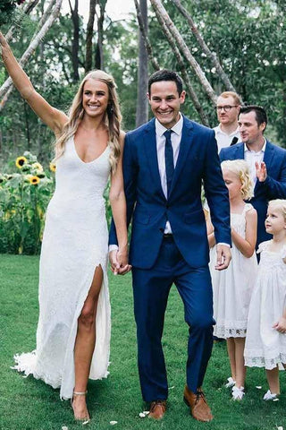 Vestido de novia de encaje, espalda descubierta, escote redondo, sin mangas, abertura y cola corta WD258