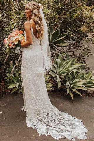 Vestido de novia de encaje, espalda descubierta, escote redondo, sin mangas, abertura y cola corta WD258