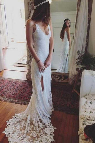 Vestido de novia de encaje, espalda descubierta, escote redondo, sin mangas, abertura y cola corta WD258