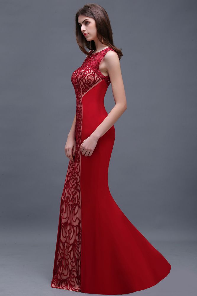 Robe de bal bordeaux fourreau à col rond et applications, longueur au sol