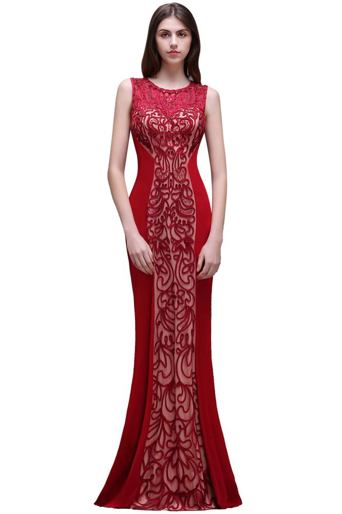 Robe de bal bordeaux fourreau à col rond et applications, longueur au sol