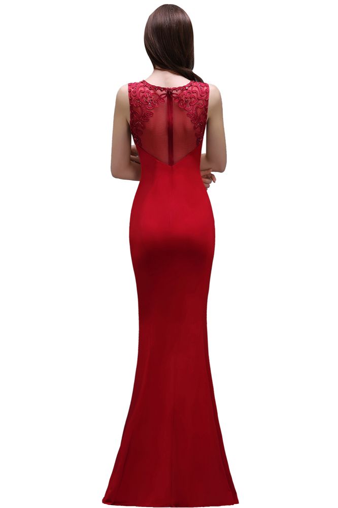 Robe de bal bordeaux fourreau à col rond et applications, longueur au sol
