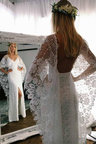 Vestido de novia de encaje sin espalda con escote redondo y abertura cruzada WD247