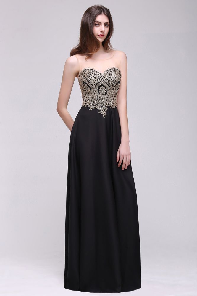 Vestidos largos de fiesta negros sin mangas, con escote redondo y apliques hasta el suelo.