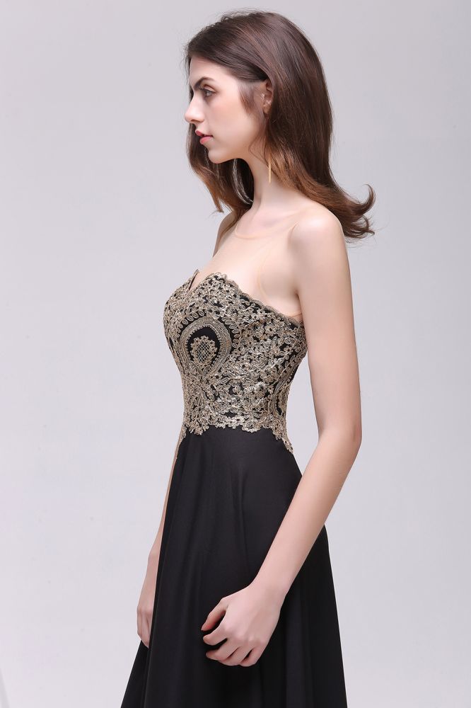 Vestidos largos de fiesta negros sin mangas, con escote redondo y apliques hasta el suelo.