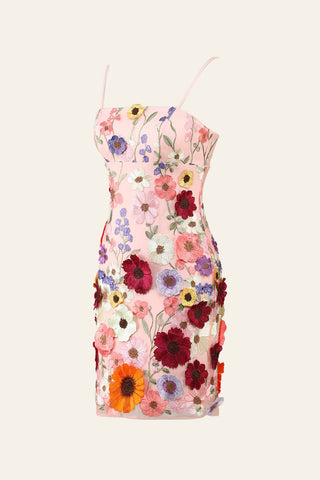 Vestido de fiesta de bienvenida con tirantes finos y flores en 3D