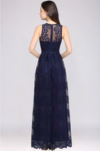 Robe de bal bleu marine fourreau en dentelle, col en V, longueur au sol