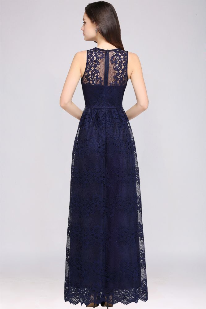 Robe de bal bleu marine fourreau en dentelle, col en V, longueur au sol