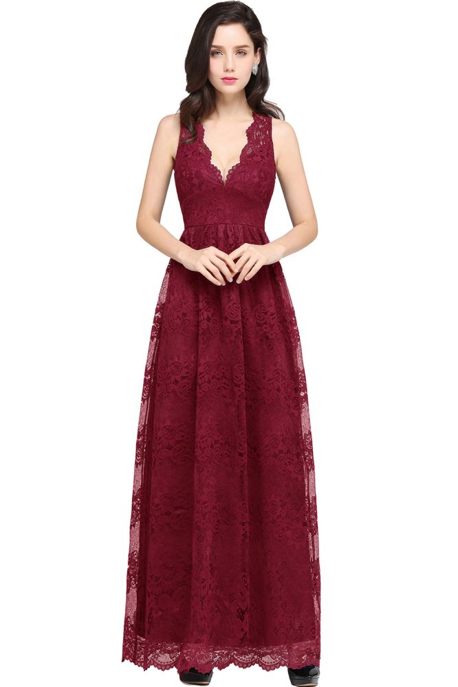 Robe de bal bleu marine fourreau en dentelle, col en V, longueur au sol
