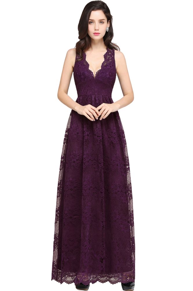 Robe de bal bleu marine fourreau en dentelle, col en V, longueur au sol