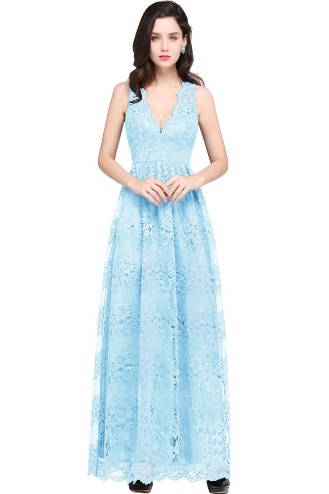 Robe de bal bleu marine fourreau en dentelle, col en V, longueur au sol