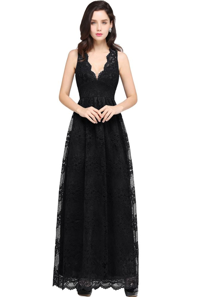 Robe de bal bleu marine fourreau en dentelle, col en V, longueur au sol