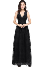 Robe de bal bleu marine fourreau en dentelle, col en V, longueur au sol