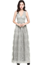 Robe de bal bleu marine fourreau en dentelle, col en V, longueur au sol