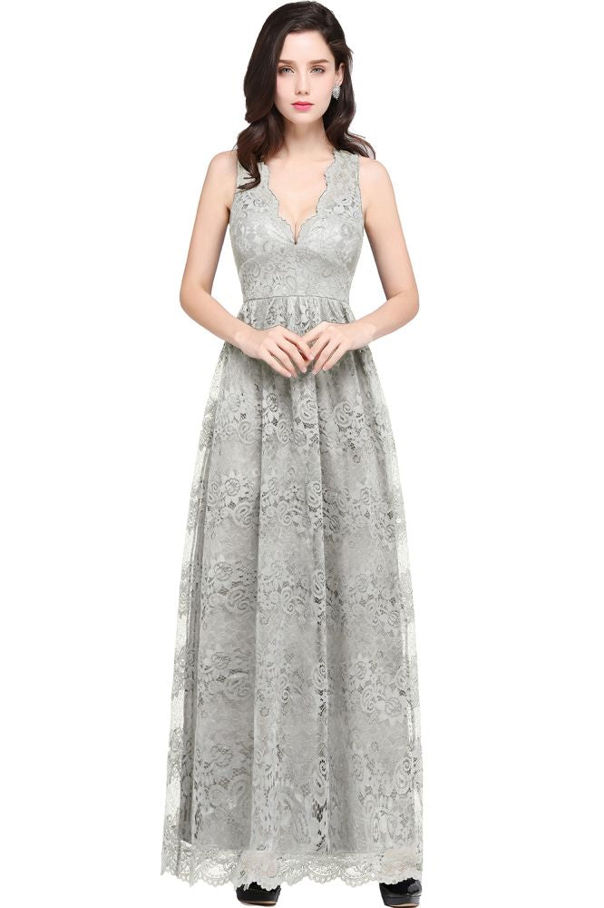 Robe de bal bleu marine fourreau en dentelle, col en V, longueur au sol