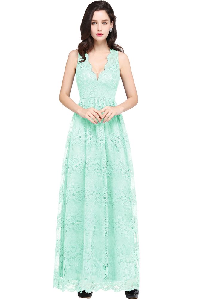 Robe de bal bleu marine fourreau en dentelle, col en V, longueur au sol