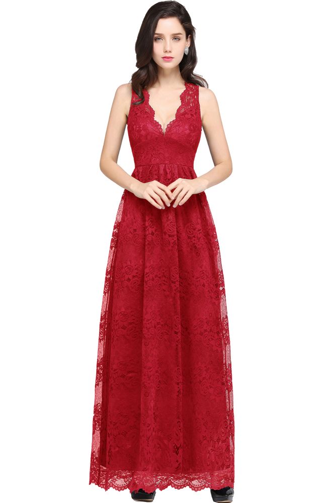 Robe de bal bleu marine fourreau en dentelle, col en V, longueur au sol