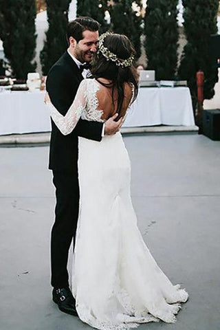 Robe de mariée fourreau en tulle dos nu à manches longues et col en V, ornée d'appliqués WD529