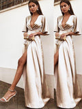 Robe de bal fourreau/colonne, manches 1/2, col en V, longueur au sol, volants, en satin soyeux