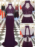 Robe de bal deux pièces fourreau/colonne dos nu avec application, sans manches, en spandex, longueur au sol.