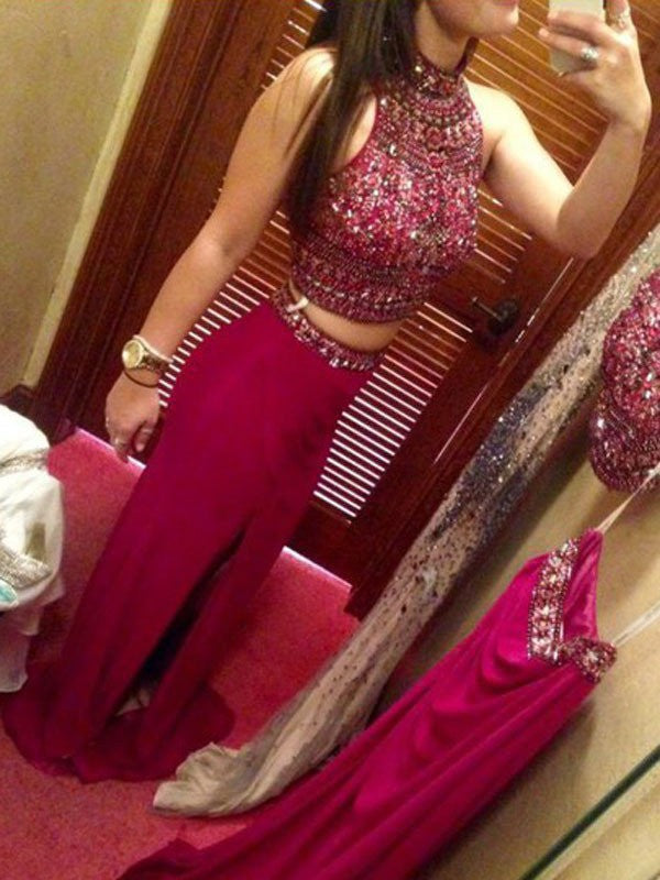 Robe de bal deux pièces fourreau/colonne sans manches en mousseline de soie ornée de perles, longue jusqu'au sol