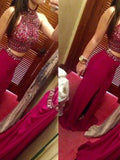 Robe de bal deux pièces fourreau/colonne sans manches en mousseline de soie ornée de perles, longue jusqu'au sol