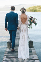 Robe de mariée fourreau/colonne en dentelle avec manches longues et dos nu WD487