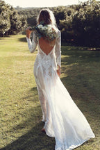 Robe de mariée fourreau/colonne en dentelle avec manches longues et dos nu WD487