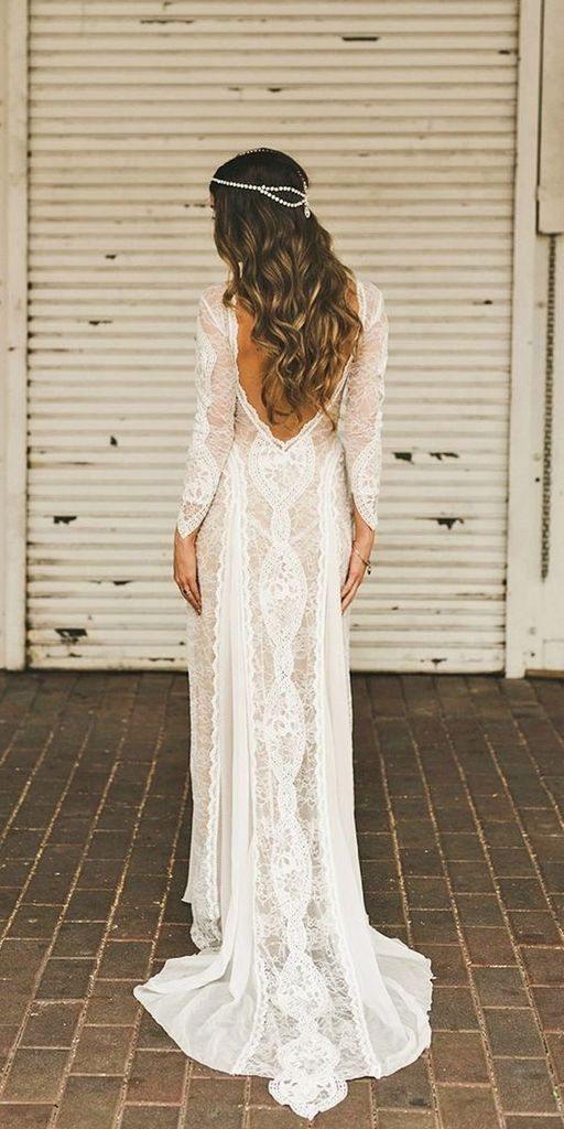 Robe de mariée fourreau/colonne en dentelle avec manches longues et dos nu WD487