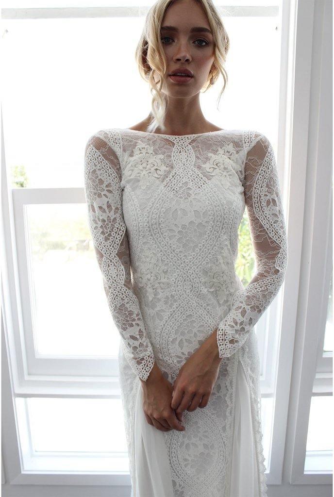 Robe de mariée fourreau/colonne en dentelle avec manches longues et dos nu WD487