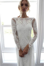 Robe de mariée fourreau/colonne en dentelle avec manches longues et dos nu WD487